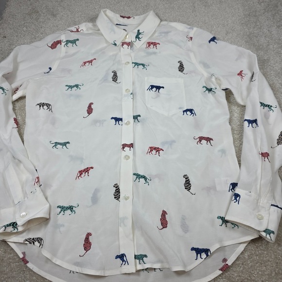 Rails Kathryn Blouse Top White Button Down Cheetah Wild Cats Small EUC - Picture 2 of 10